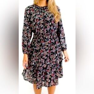 Floral Tiered Long Sleeve Dress - Black Pink